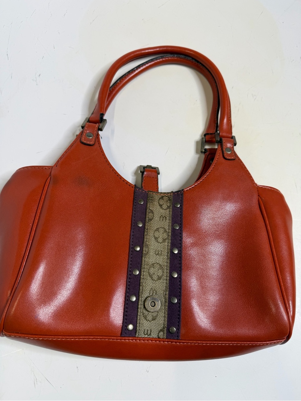 Burnt Orange Leather Shoulder Bag with Stud-Trim Center Panel